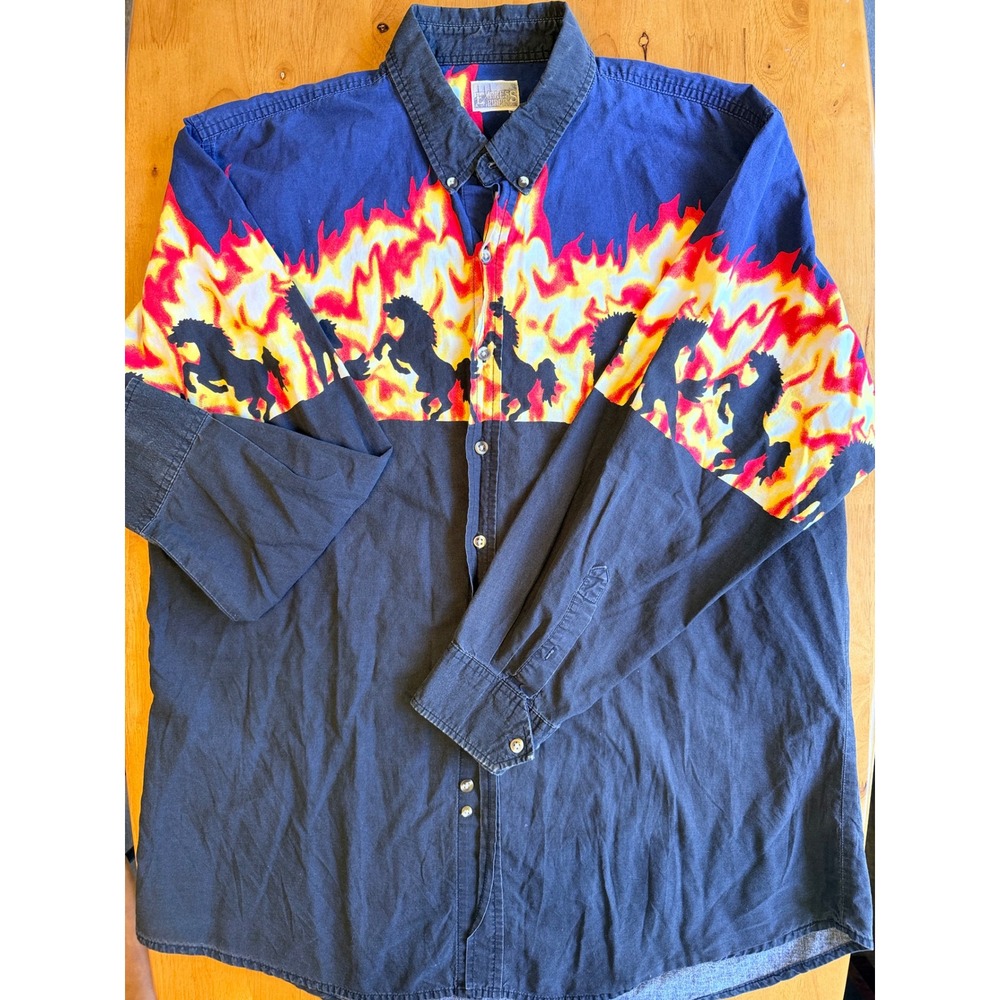 Express Rider Mens Blue Black Flame Horse Graphic Button Down Shirt L 597